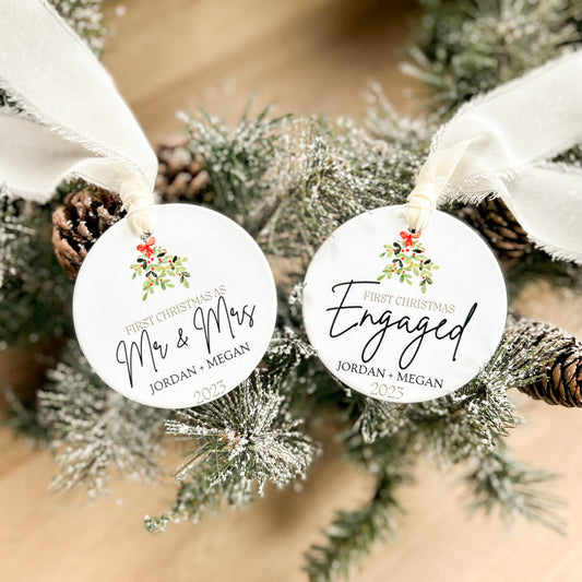 Personalized Ceramic First Christmas Engaged/Married Ornaments