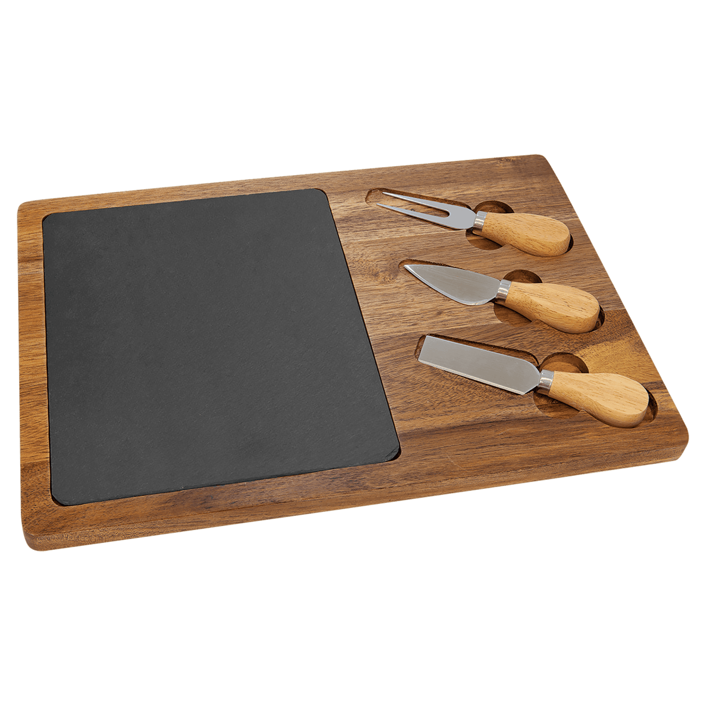 Personalized 13 3/4" x 9 3/4" Acacia Wood/Slate Rectangle Cheese Set with Three Tools