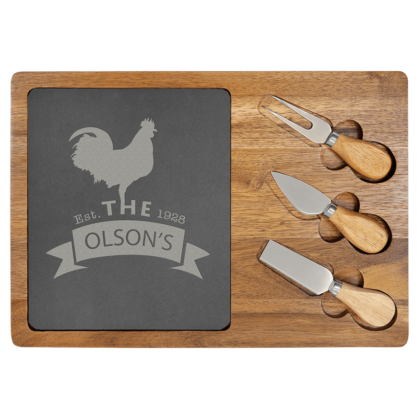 Personalized 13 3/4" x 9 3/4" Acacia Wood/Slate Rectangle Cheese Set with Three Tools