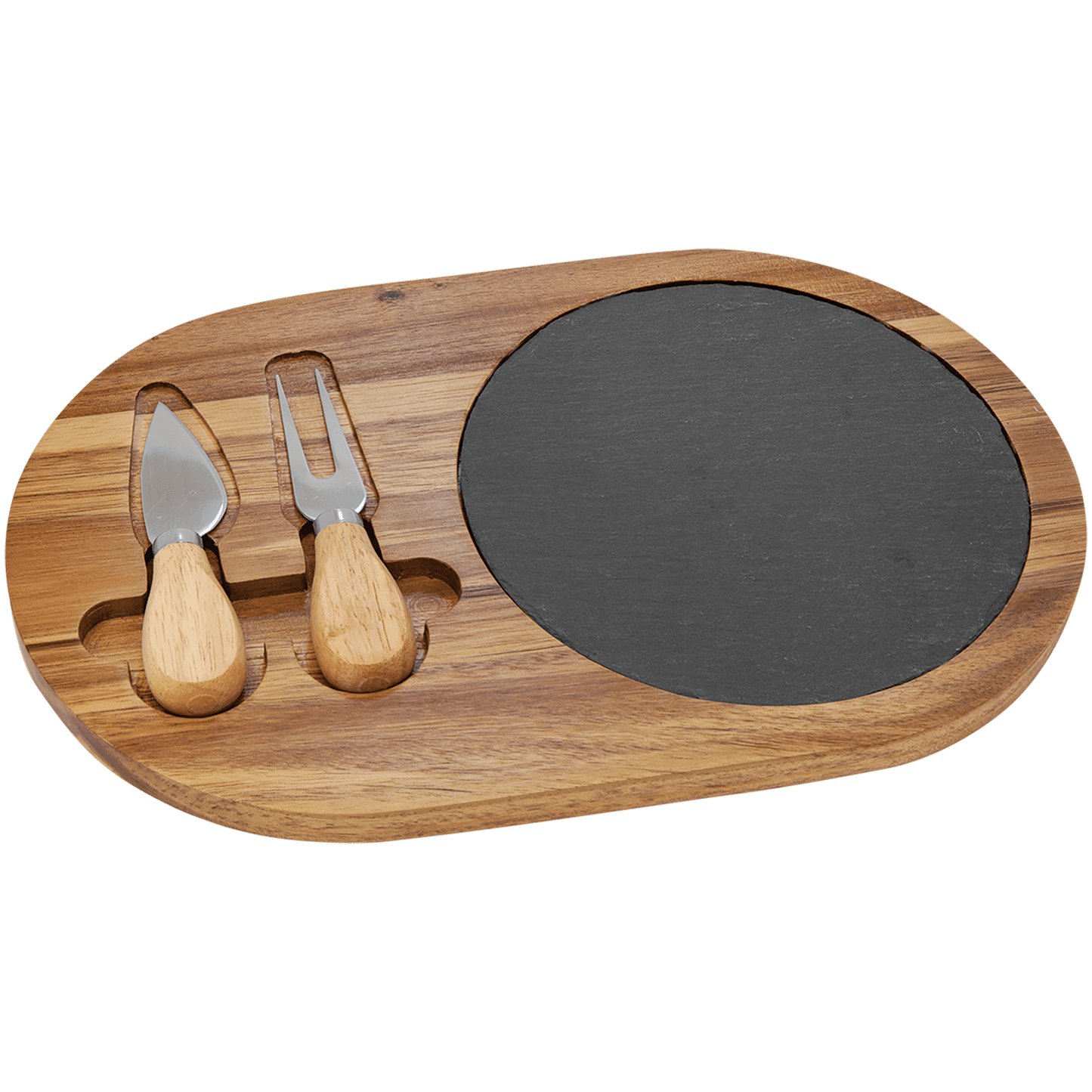Personalized 12 1/2" x 7 3/4" Acacia Wood/Slate Oval Cheese Set with Two Tools