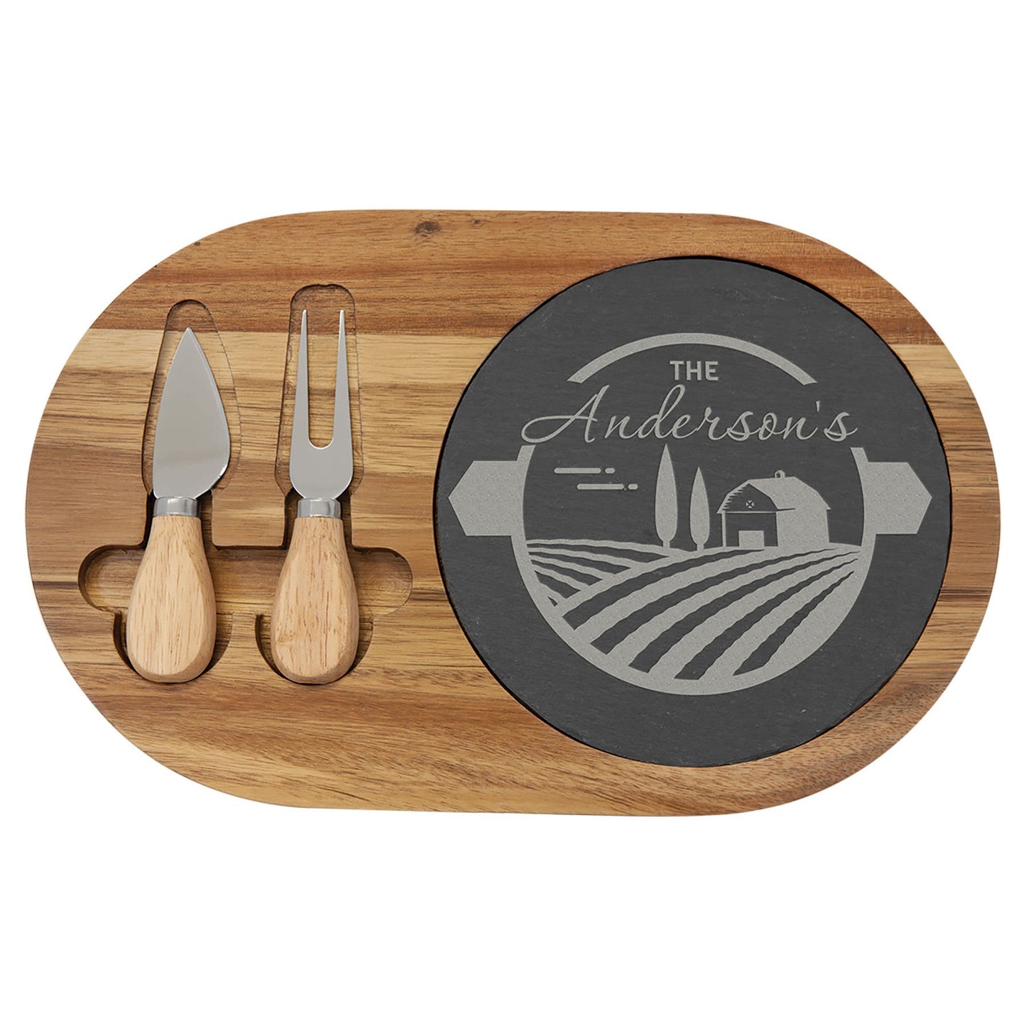 Personalized 12 1/2" x 7 3/4" Acacia Wood/Slate Oval Cheese Set with Two Tools