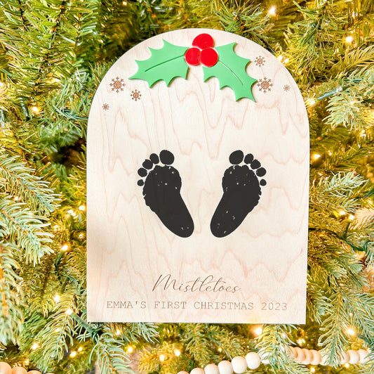 Baby’s First Christmas Footprints Mistletoes Wooden Canvas