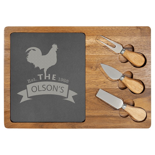 Personalized 13 3/4" x 9 3/4" Acacia Wood/Slate Rectangle Cheese Set with Three Tools
